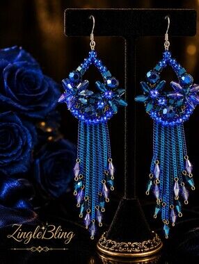 Blue Crystal Floral Tassel Statement Earrings 4 Inch Drop AB Glass Beaded Boho
